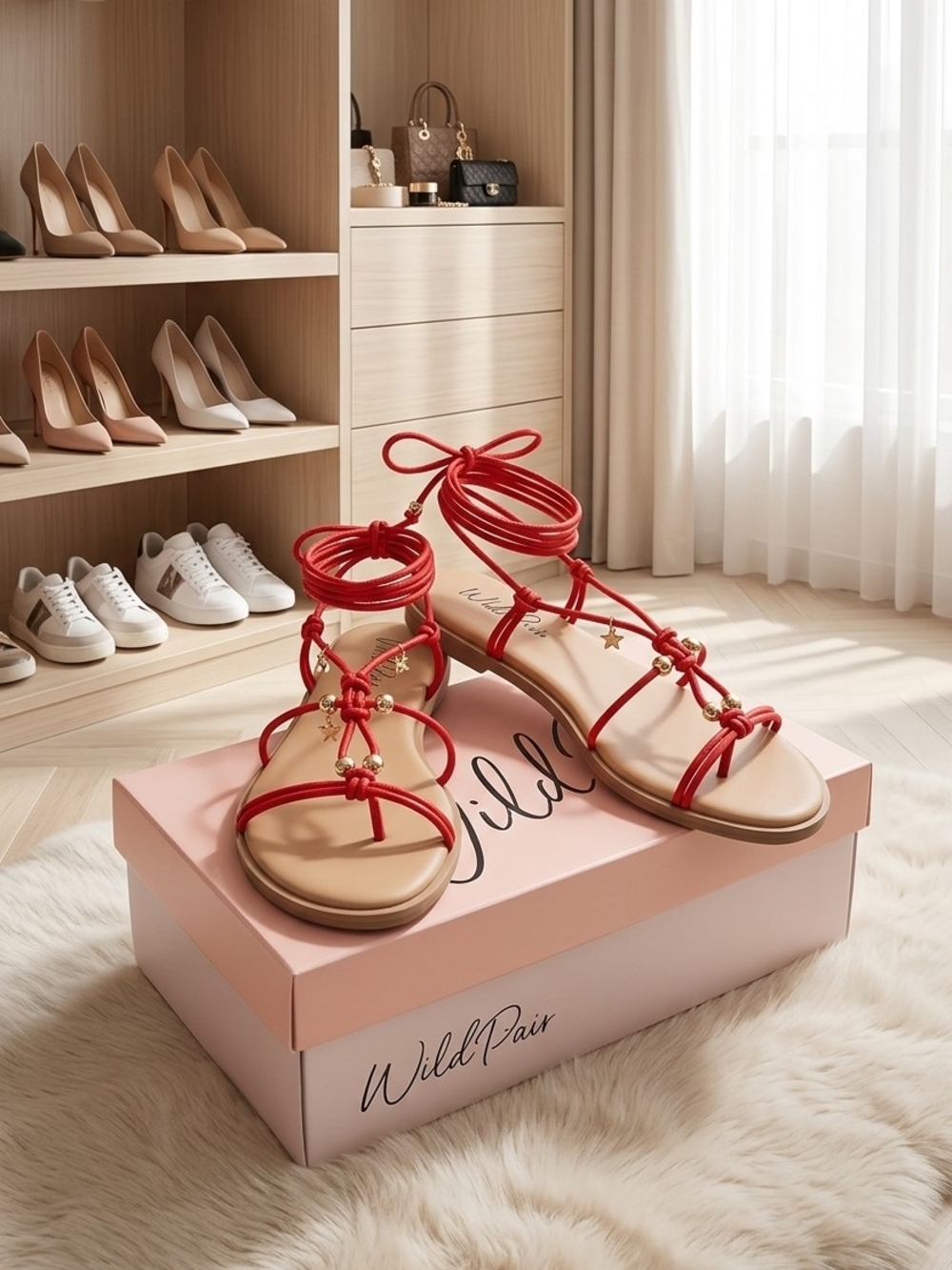 Wild Pair Red Lace-Up Star Charm Flat Sandals